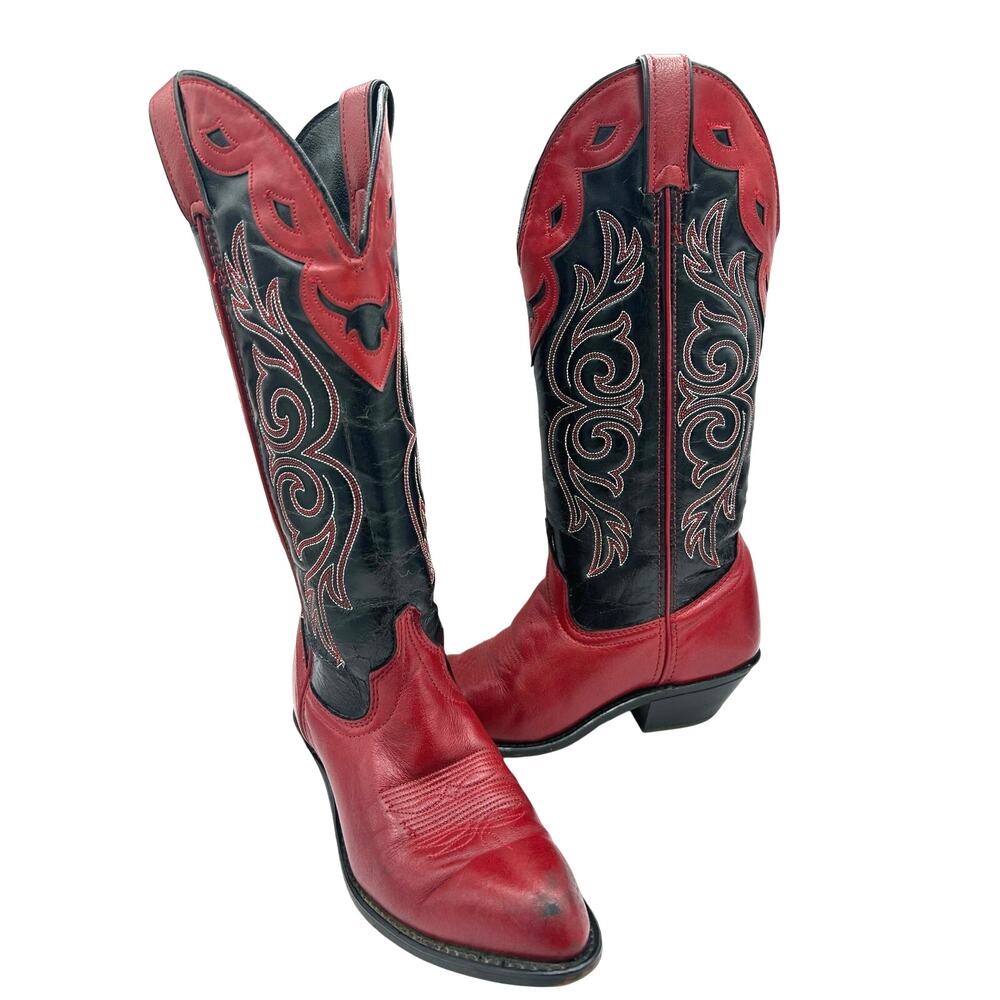 VINTAGE Laredo Red & Black Leather Western Boot Women’s SZ 6 Cowgirl Boho USA